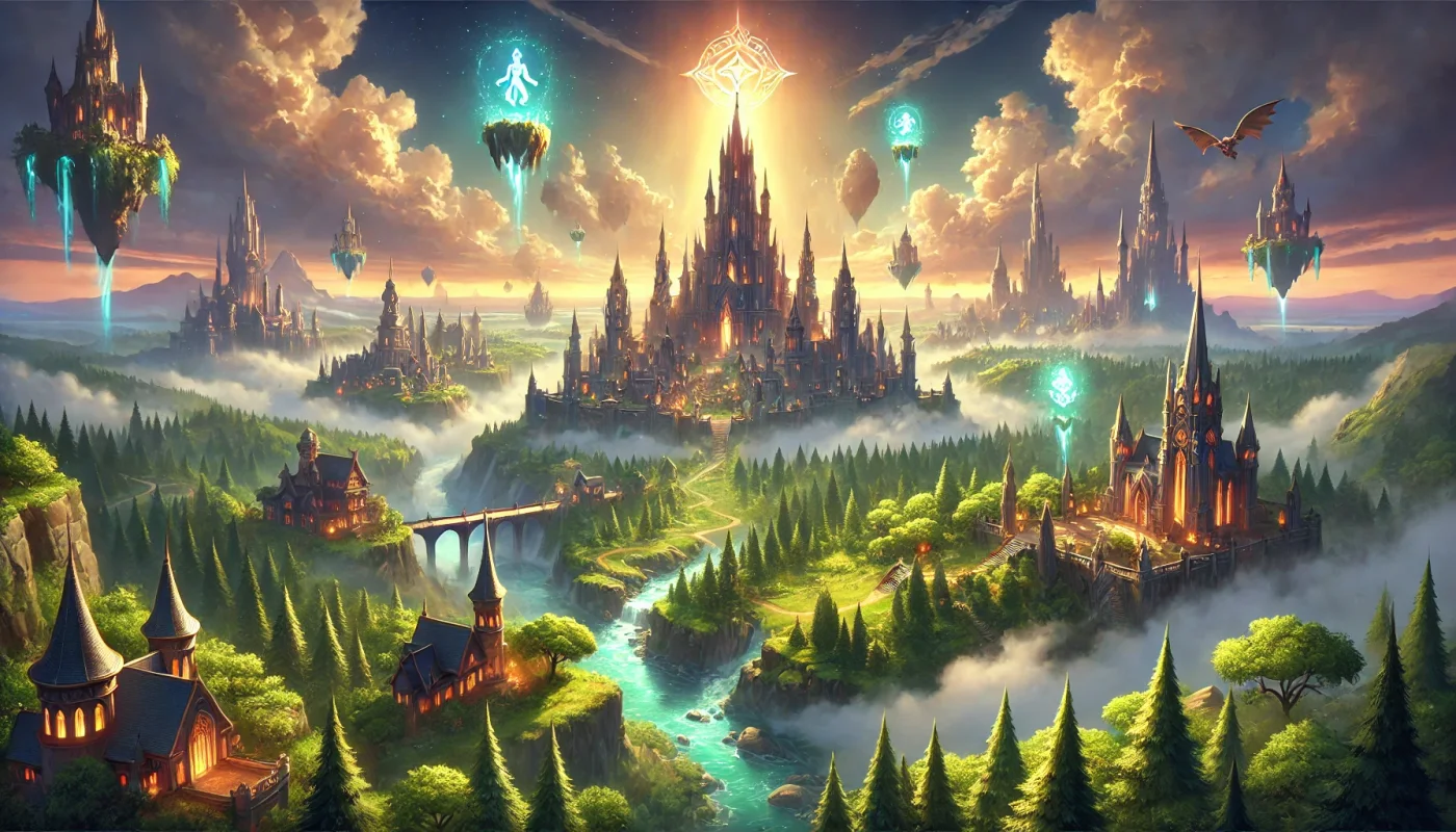 Fantasy world from the Untitled 2D Isometric RPG, featuring castles, floating islands, forests, and a river
